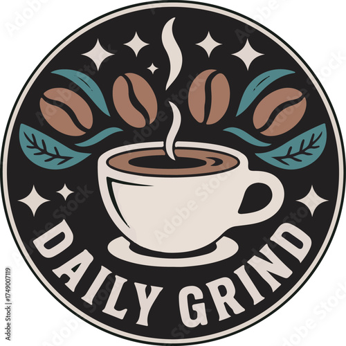 Daily Grind Coffee Cup Design with Beans and Leaves for Coffee Lovers and Enthusiasts