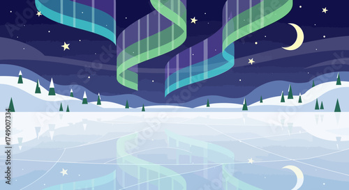 Winter Aurora Borealis Landscape with Snow and Trees.