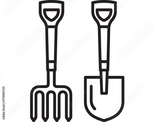 Simple line art illustration of a garden fork and shovel, symbolizing outdoor work and gardening.