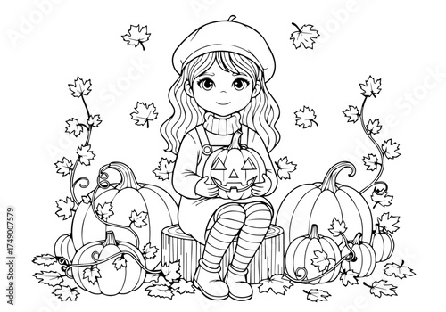 Adorable Cartoon Girl Holding a Jack-o'-lantern Surrounded by Pumpkins and Autumn Leaves, Perfect for Halloween Coloring Pages and Seasonal Designs