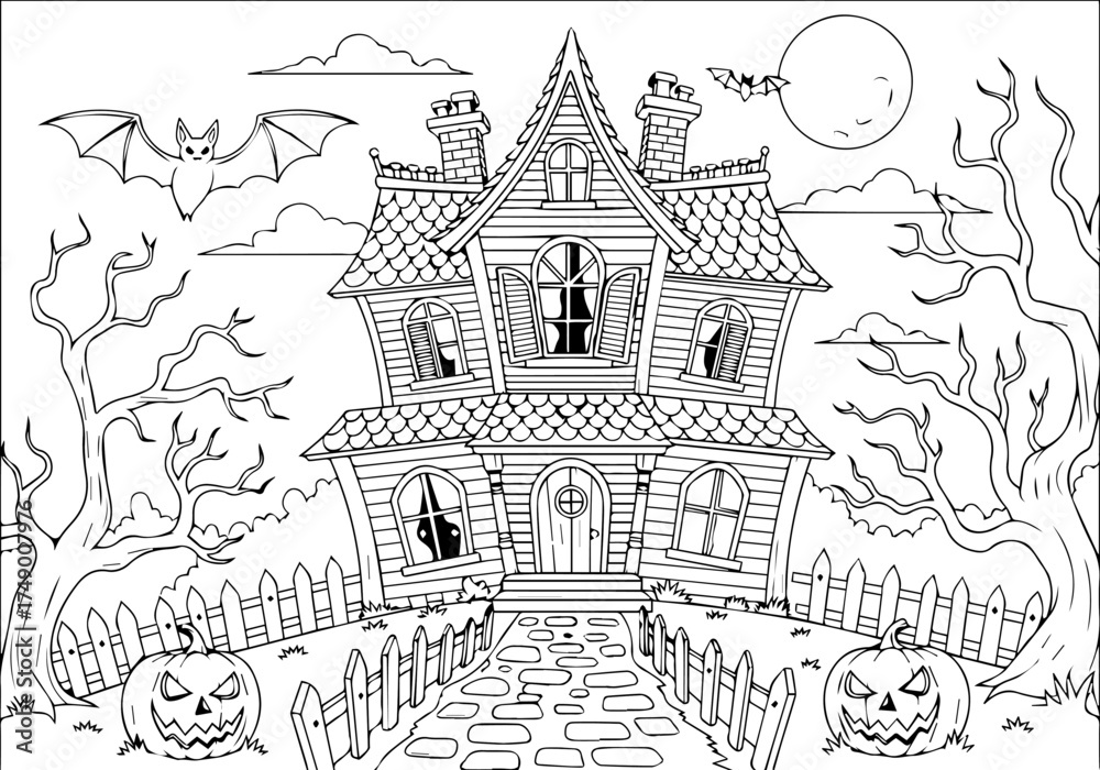 Obraz premium Haunted House Halloween Coloring Page Spooky Mansion, Pumpkins, and Bats for Creative Fun