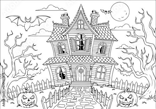 Haunted House Halloween Coloring Page Spooky Mansion, Pumpkins, and Bats for Creative Fun