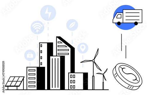 Urban buildings, wind turbines, solar panel, digital connection icons, coin, delivery truck. Ideal for sustainability, renewable energy, smart technology logistics economy urban planning eco