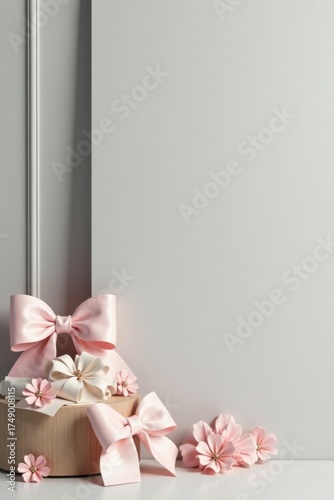 Elegant Pink Bows and Delicate Flowers Arranged on a Wooden Display Against a Neutral Background