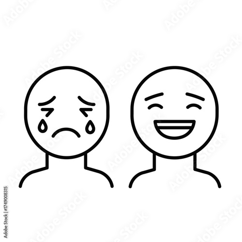 Emotional Contrast Crying and Laughing Faces in Simple Line Art.