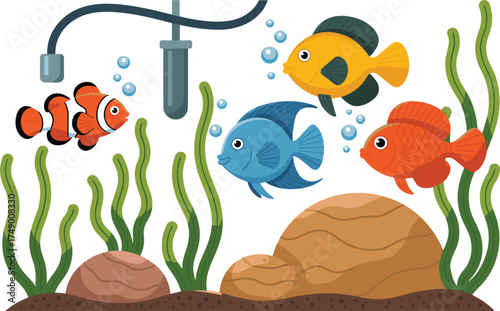 Colorful Cartoon Aquarium with Fish, Plants, and Bubbles fishes clownfish