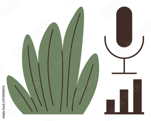 Green leaves next to a microphone and bar graph emphasizing sustainability, growth, and communication. Ideal for eco-business, podcast, environment, analytics, technology, content creation data