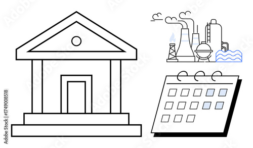 Factory emits smoke, calendar marks dates, with classic government building nearby. Ideal for industry, planning, regulation, environment, governance schedules economy. Simple flat metaphor