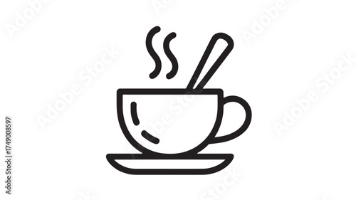 Steaming cup of hot beverage with spoon on saucer, simple line art illustration