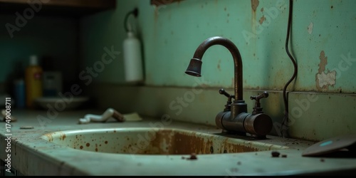 A rusty, aged faucet in a neglected, vintage sink, showing signs of time and disuse on a weathered countertop