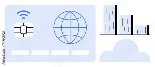 Microchip and wireless signal, globe icon, bar chart symbolizing data analytics, and cloud element. Ideal for technology, IoT, finance, global communication, data storage cybersecurity networking