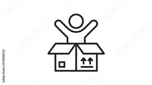 Joyful person emerging from a cardboard box with open arms, symbolizing discovery and surprise.