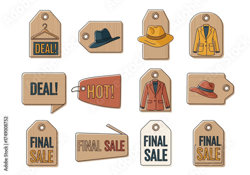 Set of Hand-Drawn Wooden Retail Tags and Labels with Clothing, Hats, "Final Sale," and "Deal" Slogans for Fashion Promotion


