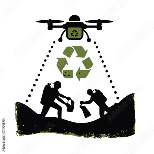 Diverse team of human divers working together to clean up plastic pollution from a vibrant ocean scene isolated on white background