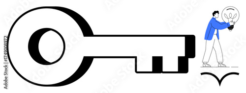 Person holding a glowing lightbulb next to a giant key symbolizing discovery, problem-solving, innovation, and unlocking potential. Ideal for creativity, solutions, opportunity, guidance