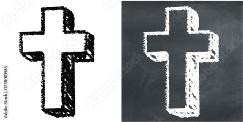 Chalk hand-drawn Christian cross vector. Ideal for religion, faith, and spiritual themes. This graphic symbolizes hope, worship, and church with a unique, sketchy aesthetic.