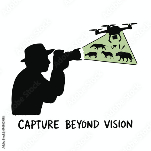A detailed illustration of a wildlife photographer capturing a majestic animal in its natural habitat presented isolated on white background