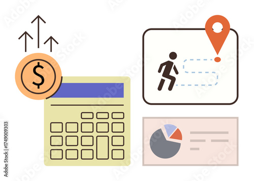 Calculator, rising arrows, dollar coin, map with location marker, pie chart, and trends graph. Ideal for financial planning, business growth, progress tracking economic strategy data analysis