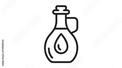 Simple line art illustration of a glass bottle with a handle, containing a liquid drop.