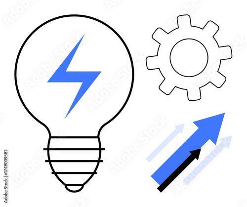 Lightbulb with a lightning bolt, gear icon, and upward arrows representing ideas, energy, innovation, teamwork, progress, strategy and growth. Ideal for business creativity and technology visuals