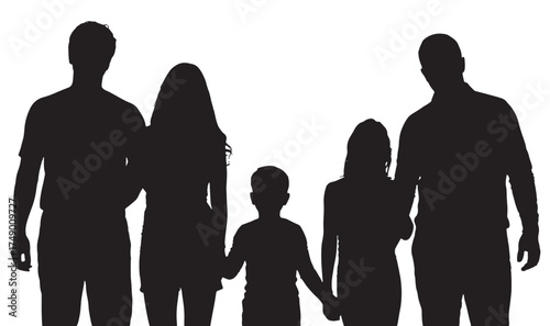 Diverse family silhouette holding hands, symbolizing unity and togetherness against a bright background.