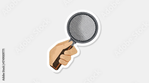 Hand holding magnifying glass on white background for inspection. Useful for detective, investigation, scrutinizing, searching, research, examination concepts in design or educational projects.