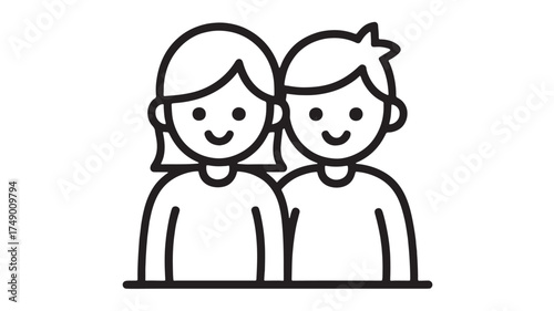 Happy smiling couple, close friends, or siblings standing together in a simple line art illustration.