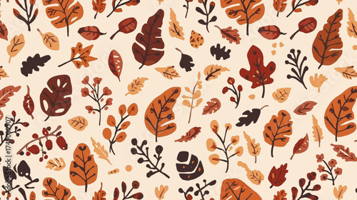 A vibrant, autumnal pattern showcases a variety of stylized leaves in warm shades of brown, orange, and red, creating a rich, textured design.