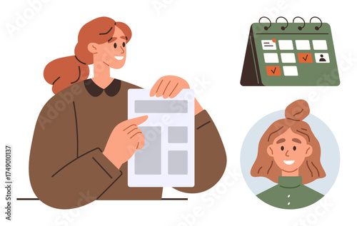 Woman holding and pointing to document, calendar with marked dates, portrait of a person. Ideal for scheduling, organization, HR, planning, productivity time management business concepts. Simple