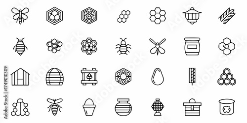 Honeybee farming icons showcase honey production, beekeeping equipment and honeycomb designs, perfect for honey businesses and sustainable agriculture visuals