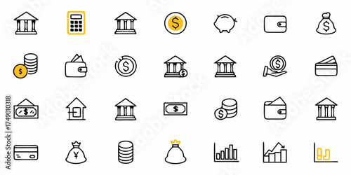 Streamlined finance and banking icon set for modern web design and user interface projects, illustrating financial concepts with clean, scalable vector graphics for versatile use