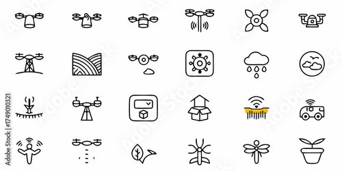 Explore agriculture technology with drone icons, perfect for modern farming and sustainable solutions, highlighting innovation in crop management and environmental monitoring