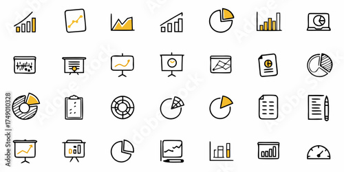 Dynamic Data Analysis Icons for Business Presentations, Hand-Drawn Style Charts and Graphs for Financial Reporting, Marketing Analytics, and Performance Tracking, Visual Communication
