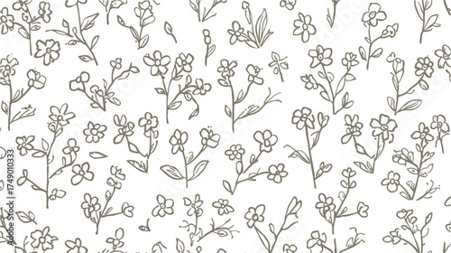 Delicate hand-drawn floral pattern featuring scattered blossoms and leaves, perfect for textile designs, backgrounds, and decorative projects with a natural aesthetic.