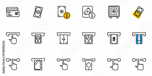 Hand-drawn finance icons, banking essentials, money and ATM themes, financial technology, cash transactions, saving solutions, investment options, modern banking symbols