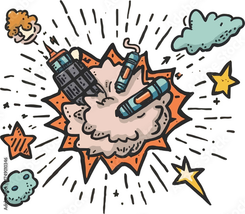 Explosives and cartoonish blast with stars and a cloud, suitable for dynamic and eyecatching marketing materials and presentations.
