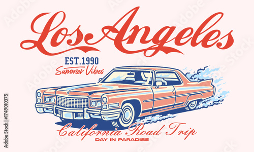 Vintage illustration of a classic car on a California road trip. Retro Los Angeles Summer Vibes artwork for t shirt print