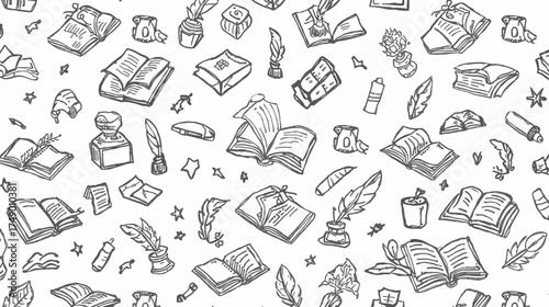 Seamless pattern of books, inkwells, and feather pens. Ideal for stationery, bookrelated products, and educational designs. Great for backgrounds or prints.