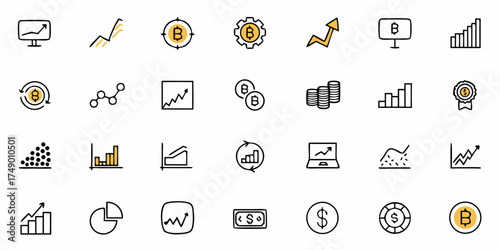 Modern digital finance icons showcasing Bitcoin, dollar growth, and investment strategies for financial success, ideal for websites and presentations about cryptocurrency