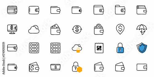 Financial freedom visualized: A collection of wallets, currency symbols, and security icons representing money management, secure transactions, and digital finance solutions