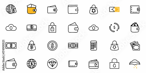 Financial icons showcase money, wallets, shopping, security, and global finance for banking, e-commerce, and investment themes, originally a scalable graphic