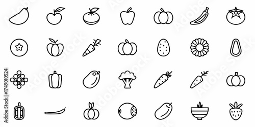 Fresh produce icons ready for your design needs, a minimalist collection of fruits and vegetables perfect for menus, recipes, or health-conscious projects, simple and clean
