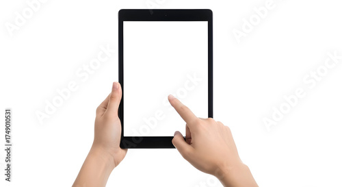 Male hands holding a digital tablet with a blank screen, finger tapping it. Isolated on transparent background, png
