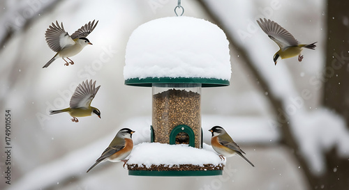 Small birds gather around a snow covered bird feeder in a winter forest scene