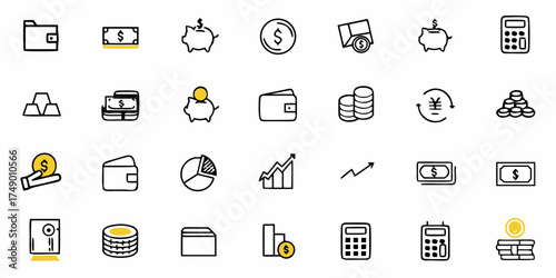 Financial icons representing investments, savings, and wealth management for a modern business or personal finance presentation, originally a scalable vector graphic
