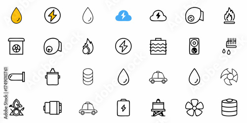 Illustrated energy icons showcasing sustainable power sources and conservation, perfect for environmental awareness campaigns or educational resources, line art elements