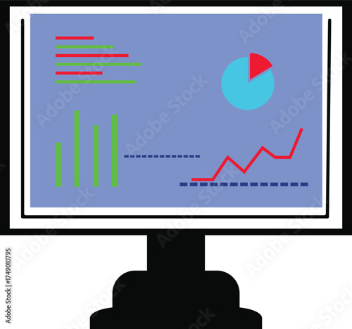 Data Analytics Dashboard Icon Vector – Business Report Chart on Computer Screen, Statistic Graph Illustration