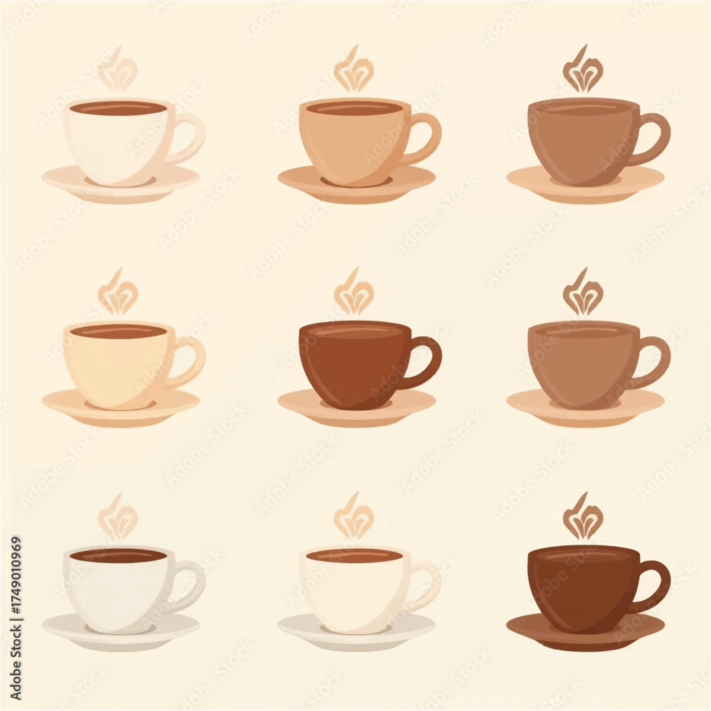 Obraz premium Nine cups of coffee with steam on saucers are carefully arranged for a cozy coffee shop menu or caffeinerelated marketing materials.