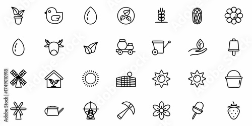 Delightful agriculture icons showcasing farming, harvest, and sustainable living, perfect for illustrating gardening guides and organic food promotions, originally vector