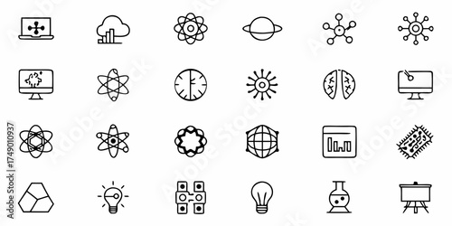 Explore groundbreaking science through these minimalist icons perfect for innovative design, scientific presentations, educational materials, and advanced research projects